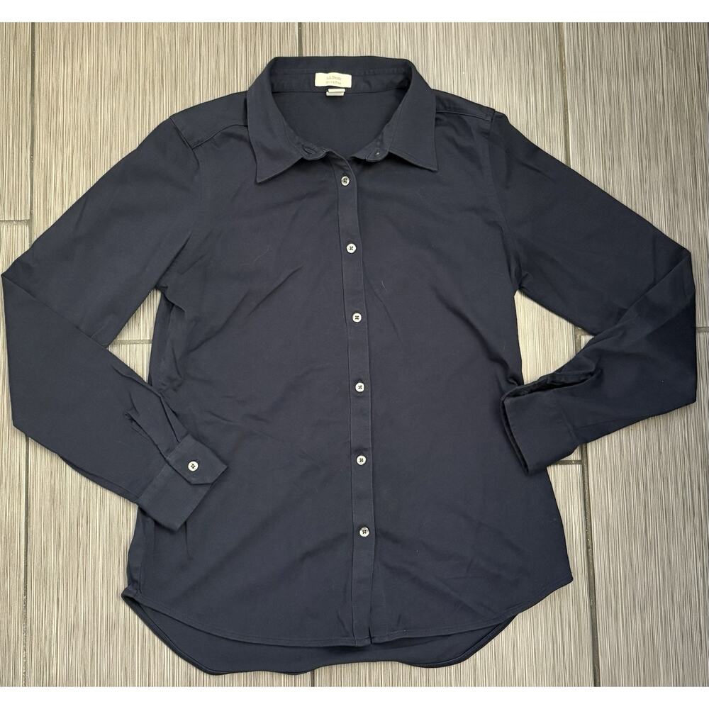 LL Bean Navy Blue Shrink Free Full Button Long Sleeve Shirt Women’s Size Small